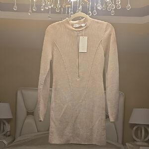 Aya Muse Merino Wool- Cashmere, Silk Taupe Long Sleeve Dress with Front Zipper L